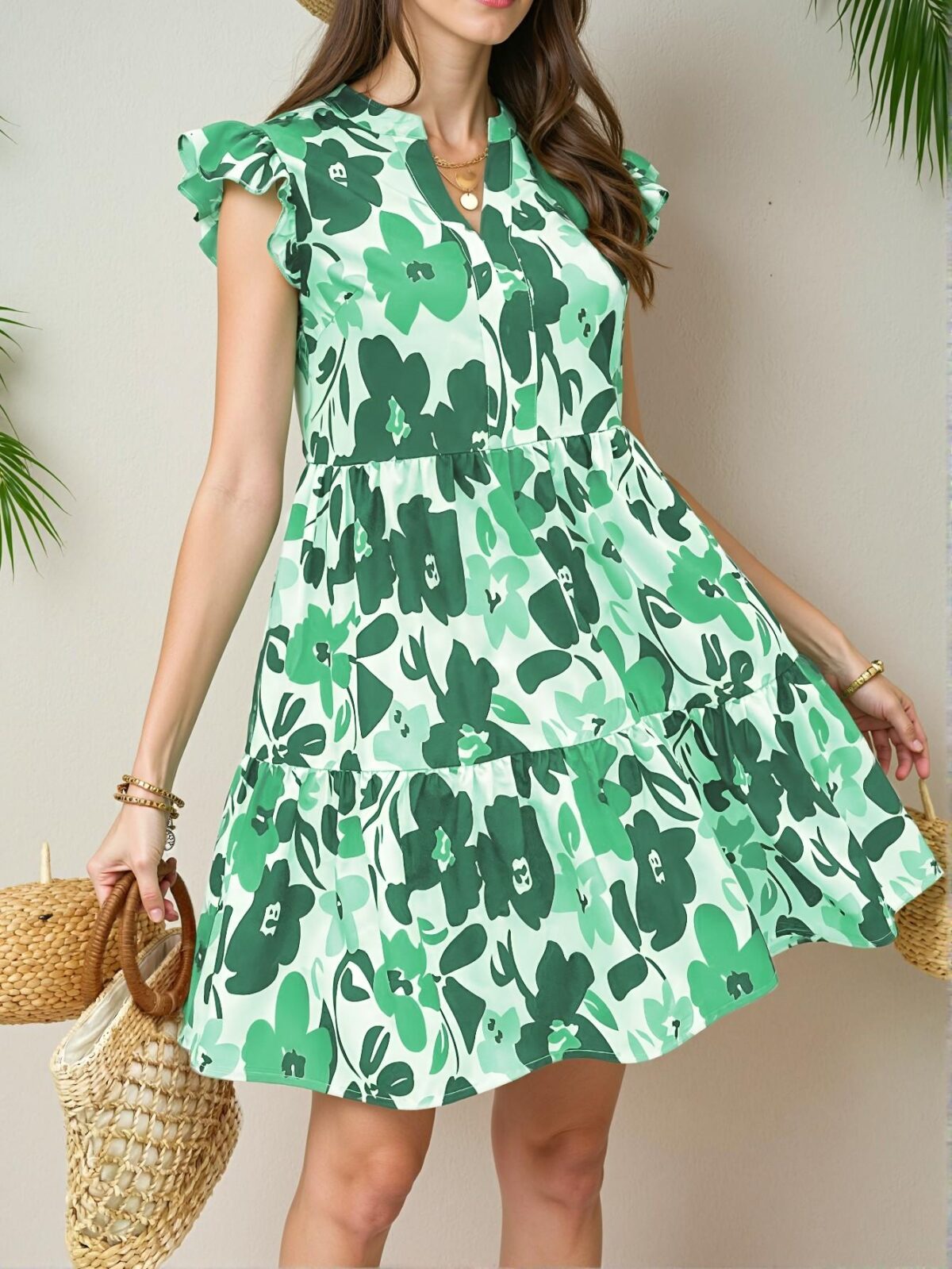 Elegant Green Flowy Floral Print V-Neck Cap Sleeve Dress for Spring and Summer Getaway Chic, Classy and Trendy Fashion Style to Dress to Impress - Image 4