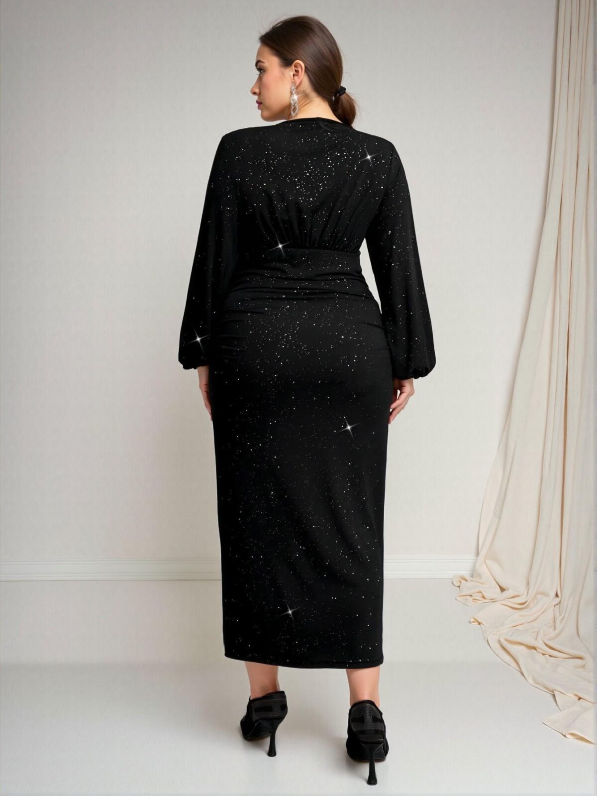 Elegant Black Ruched Deep V-Neck, Waist-Cinched Maxi Fishtail Dress for Formal Events, High-End Gatherings, and Stylish Occasions - Chic, Classy, and Trendy Fashion Style to Dress to Impress - Image 2