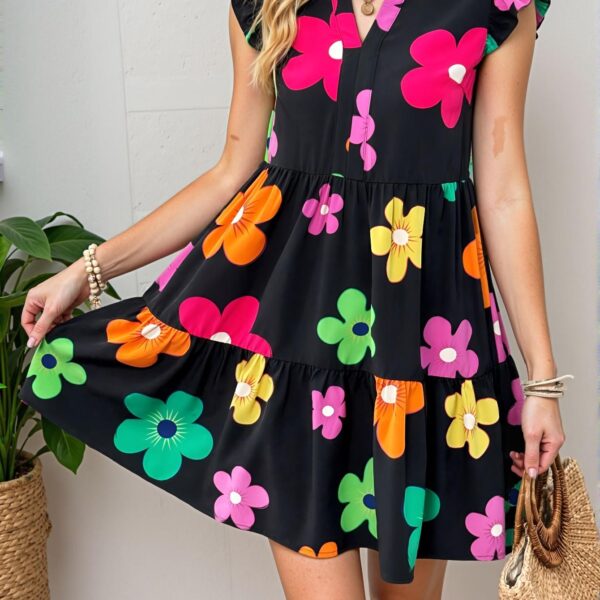 Elegant Multicolor Boho Floral Printed Notched V-Neck Cap Sleeve Loose Babydoll Dress for Spring and Summer Chic, Classy and Trendy Fashion Style to Dress to Impress