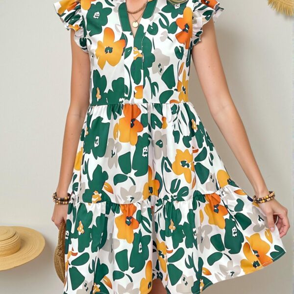 Elegant Multicolor Charming Floral Print V-Neck Dress with Cutout Sleeves for Your Spring and Summer Getaways - Chic, Classy and Trendy Fashion Style to Dress to Impress