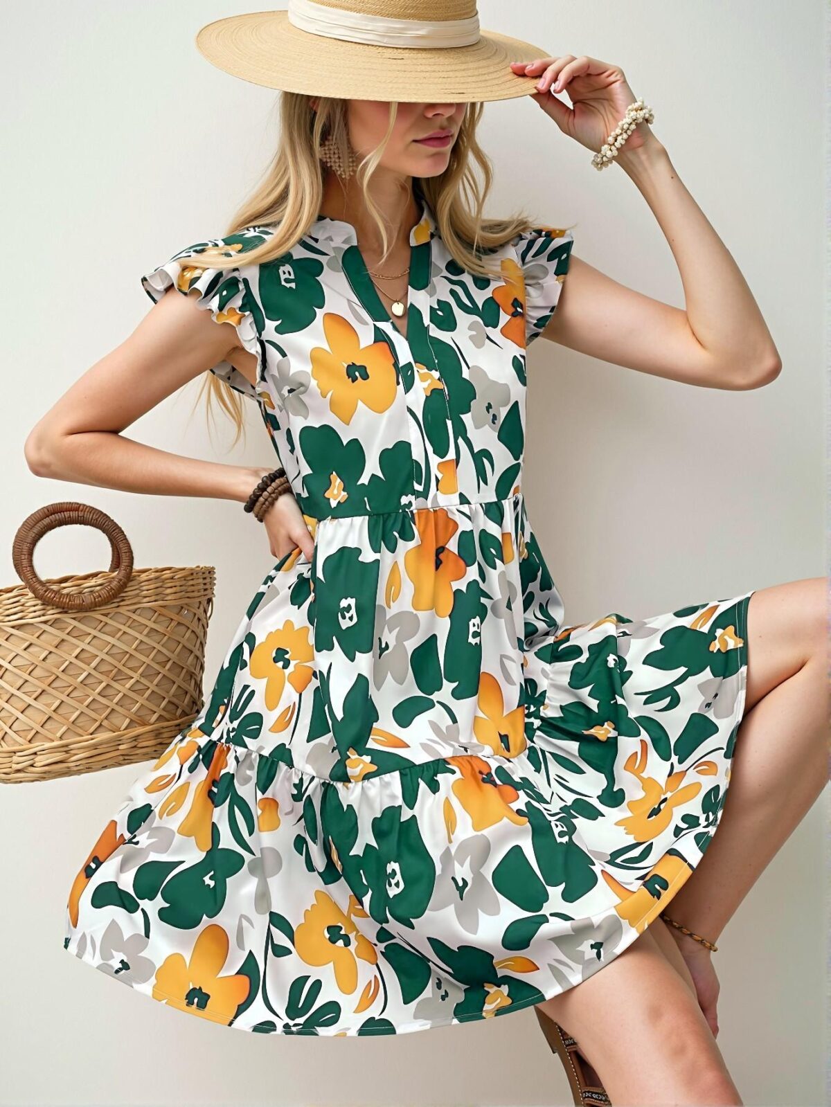 Elegant Multicolor Charming Floral Print V-Neck Dress with Cutout Sleeves for Your Spring and Summer Getaways - Chic, Classy and Trendy Fashion Style to Dress to Impress - Image 3