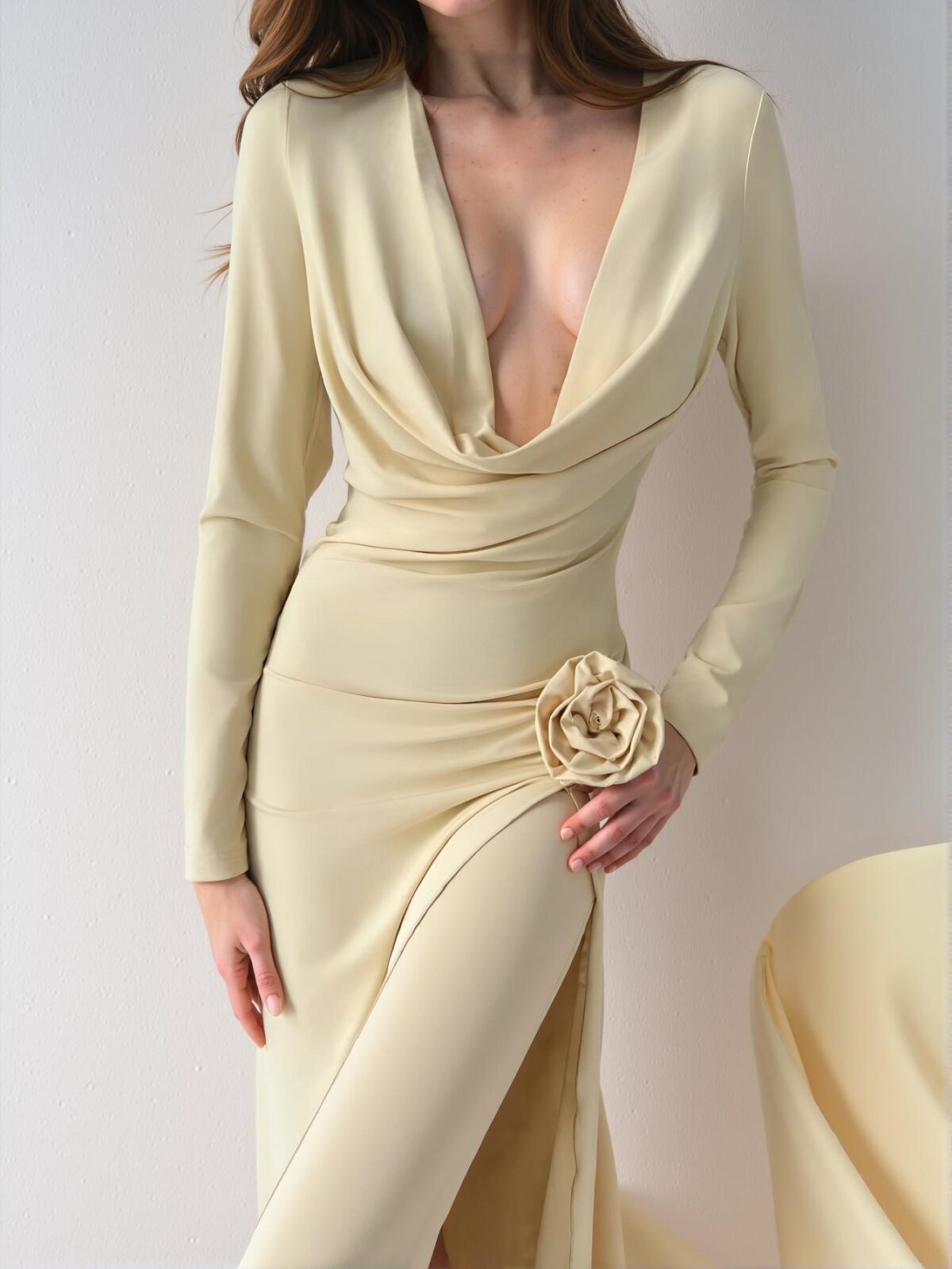 Elegant Yellow Refined Plus Size Draped Neck High Slit Floral Fitted Dress for Poised Office and Stylish Gatherings - Chic, Classy and Trendy Fashion Style to Dress to Impress - Image 5
