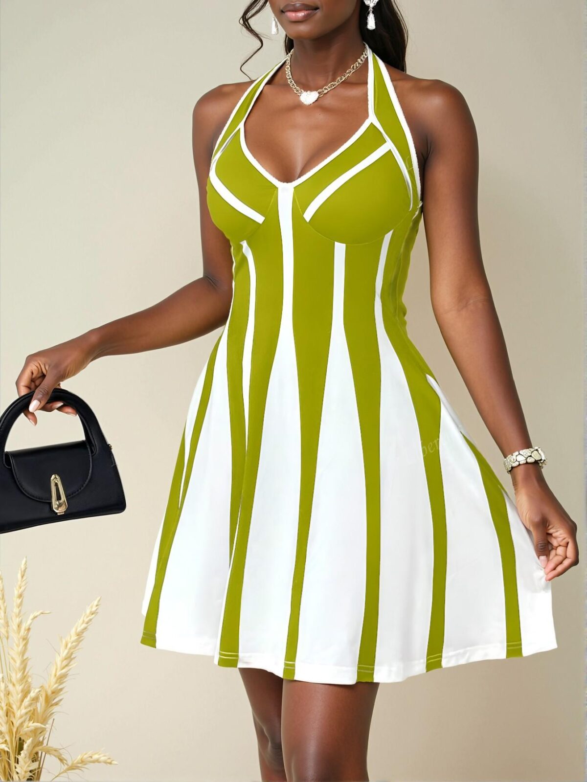 Elegant Green and White Color Block Halter Neck Mini A Hem Dress for Spring and Summer - Chic, Classy, and Trendy Fashion Style to Dress to Impress