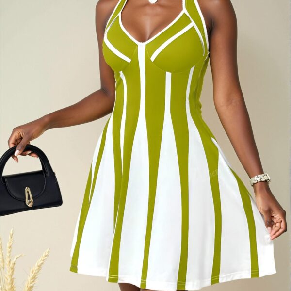 Elegant Green and White Color Block Halter Neck Mini A Hem Dress for Spring and Summer - Chic, Classy, and Trendy Fashion Style to Dress to Impress