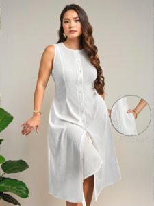 Elegant White Casual Solid Color Sleeveless Midi Dress with Single-Breasted Detail – Chic, Classy and Trendy Fashion Style to Dress to Impress