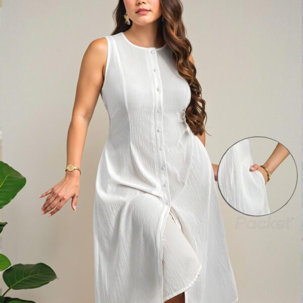 Elegant White Casual Solid Color Sleeveless Midi Dress with Single-Breasted Detail – Chic, Classy and Trendy Fashion Style to Dress to Impress