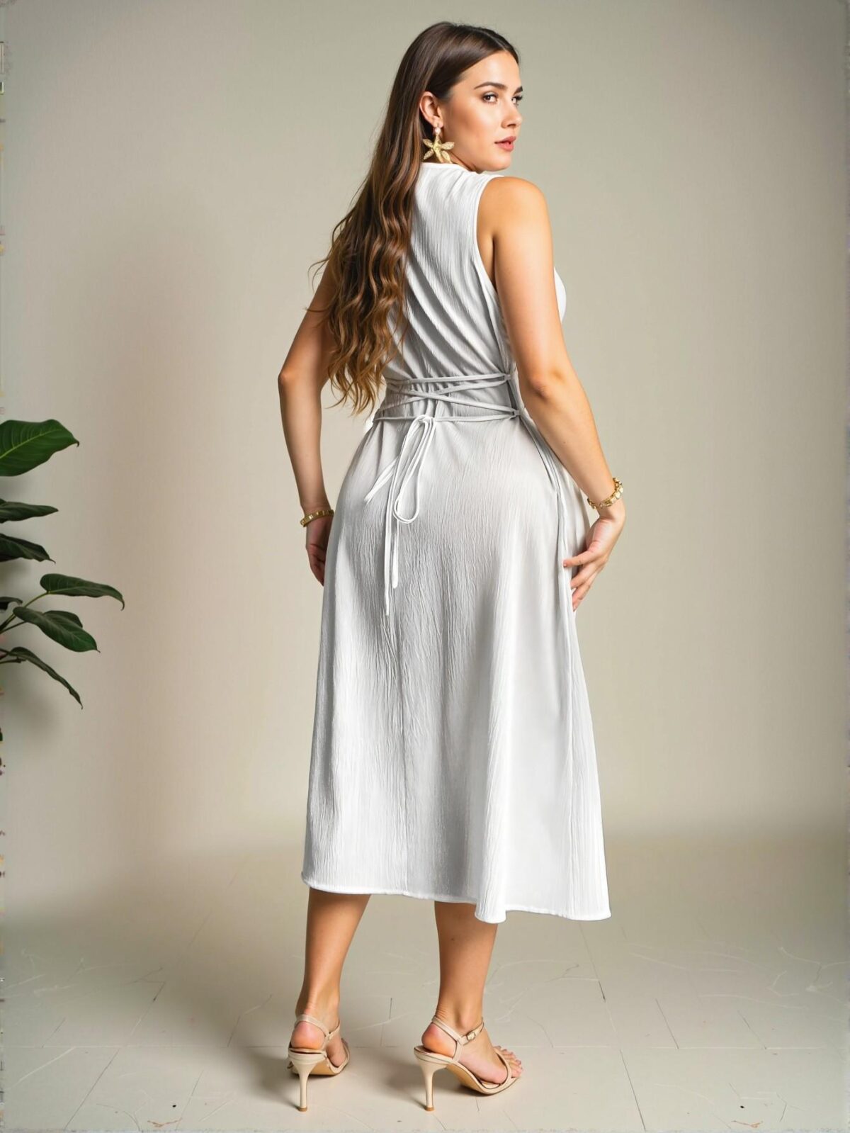 Elegant White Casual Solid Color Sleeveless Midi Dress with Single-Breasted Detail – Chic, Classy and Trendy Fashion Style to Dress to Impress - Image 2