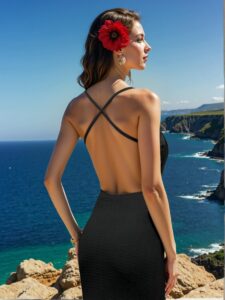 Elegant Black Backless Cami Dress with Textured Knit Design for Vacation Stylishness in Spring and Summer - Chic, Classy and Trendy Fashion Style to Dress to Impress