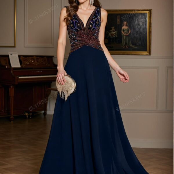 Elegant Navy Blue Glamorous Deep V Neck A-Line Chiffon Dress with Sequin Waist Gathered Design for Parties, Weddings, Formals, and Graduations. Perfect for party, prom, graduation day, and ceremony for university, college, and high school, Formal Evening Dinner Cocktail, Wedding Guest Gown, Chic, Classy and Trendy Fashion Style to Dress to Impress.