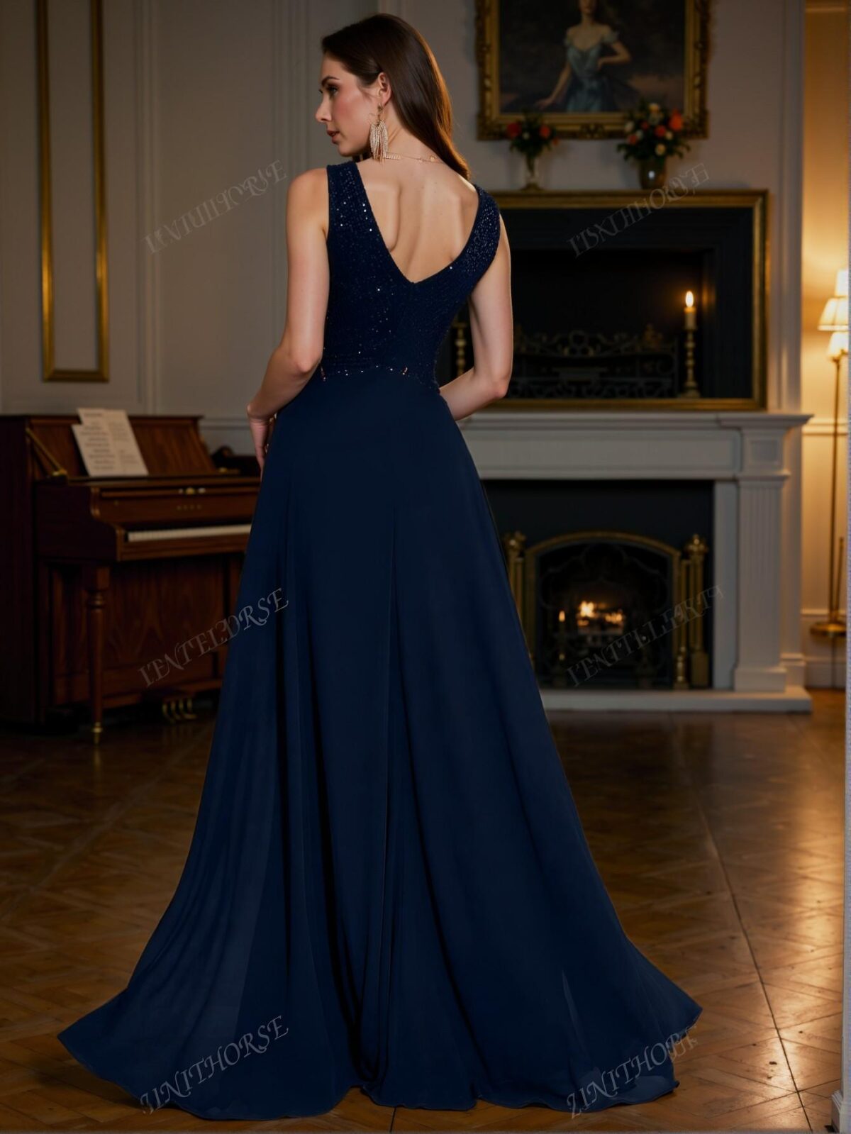 Elegant Navy Blue Glamorous Deep V Neck A-Line Chiffon Dress with Sequin Waist Gathered Design for Parties, Weddings, Formals, and Graduations. Perfect for party, prom, graduation day, and ceremony for university, college, and high school, Formal Evening Dinner Cocktail, Wedding Guest Gown, Chic, Classy and Trendy Fashion Style to Dress to Impress. - Image 2
