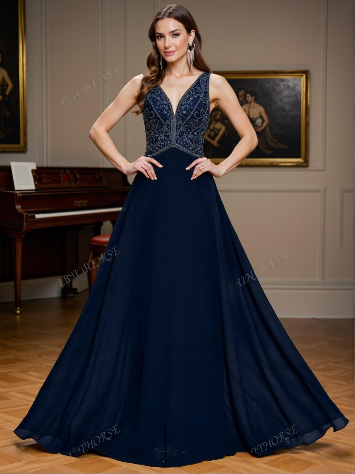 Elegant Navy Blue Glamorous Deep V Neck A-Line Chiffon Dress with Sequin Waist Gathered Design for Parties, Weddings, Formals, and Graduations. Perfect for party, prom, graduation day, and ceremony for university, college, and high school, Formal Evening Dinner Cocktail, Wedding Guest Gown, Chic, Classy and Trendy Fashion Style to Dress to Impress. - Image 3