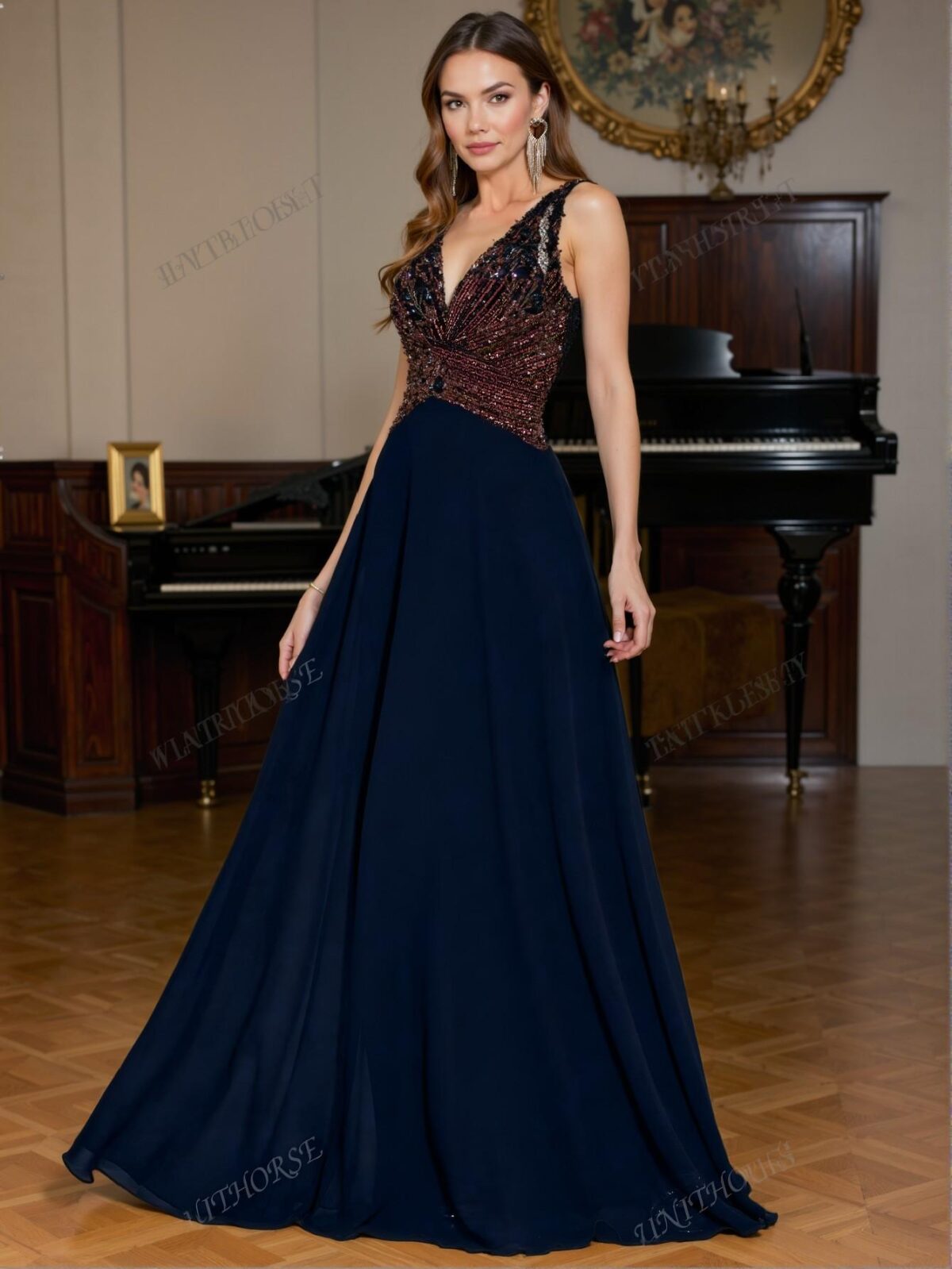 Elegant Navy Blue Glamorous Deep V Neck A-Line Chiffon Dress with Sequin Waist Gathered Design for Parties, Weddings, Formals, and Graduations. Perfect for party, prom, graduation day, and ceremony for university, college, and high school, Formal Evening Dinner Cocktail, Wedding Guest Gown, Chic, Classy and Trendy Fashion Style to Dress to Impress. - Image 4