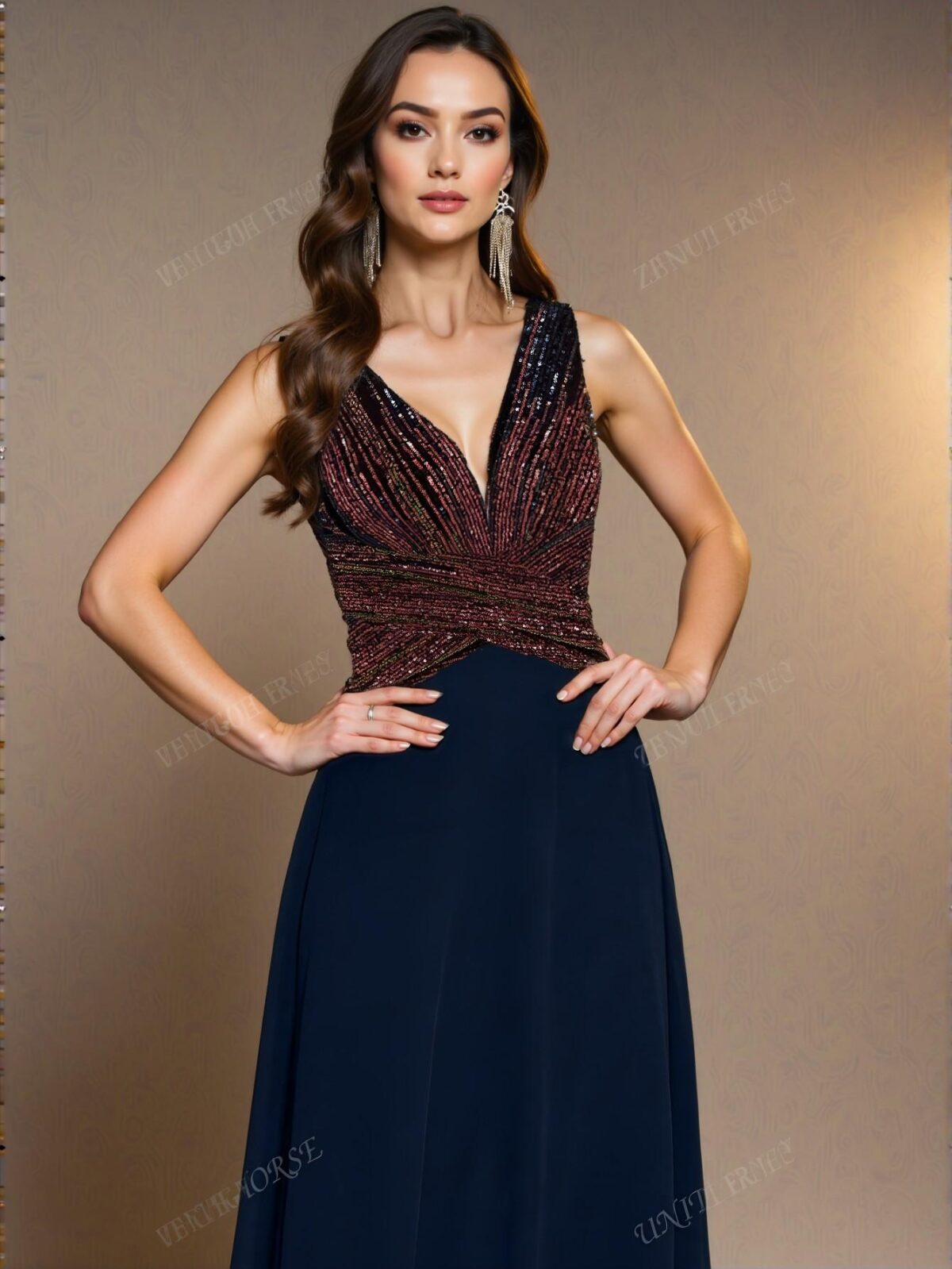 Elegant Navy Blue Glamorous Deep V Neck A-Line Chiffon Dress with Sequin Waist Gathered Design for Parties, Weddings, Formals, and Graduations. Perfect for party, prom, graduation day, and ceremony for university, college, and high school, Formal Evening Dinner Cocktail, Wedding Guest Gown, Chic, Classy and Trendy Fashion Style to Dress to Impress. - Image 5