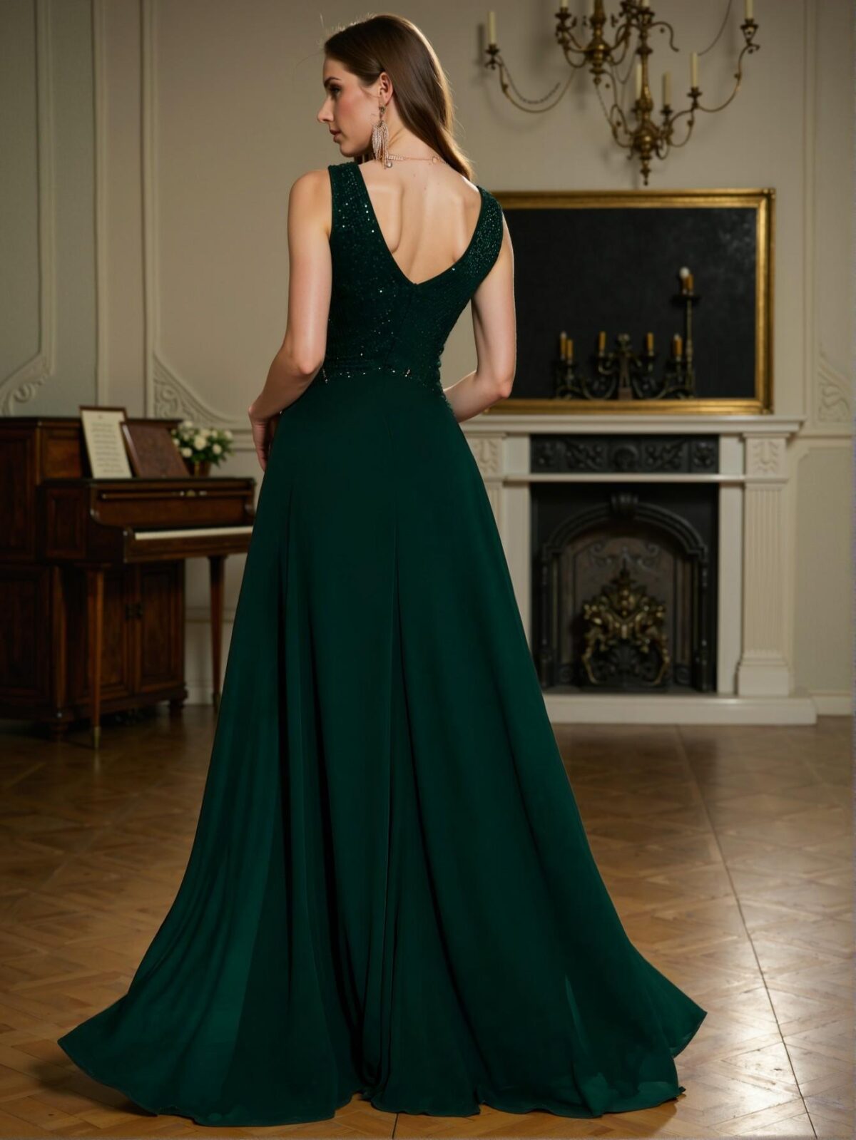 Elegant Dark Green Sequin Chiffon A-Line Women's V-Neck Maxi Dress with High Waist Gathered Design for Party, Wedding, Formal Events, Evening Gatherings, Birthday Celebrations, and Graduation. Perfect for party, prom, graduation day, and ceremony for university, college, and high school, Formal Evening Dinner Cocktail, Wedding Guest Gown, Chic, Classy and Trendy Fashion Style to Dress to Impress. - Image 2