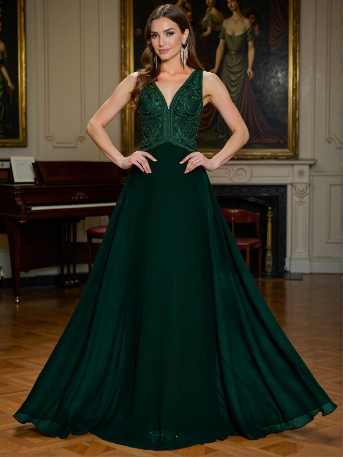 Elegant Dark Green Sequin Chiffon A-Line Women's V-Neck Maxi Dress with High Waist Gathered Design for Party, Wedding, Formal Events, Evening Gatherings, Birthday Celebrations, and Graduation. Perfect for party, prom, graduation day, and ceremony for university, college, and high school, Formal Evening Dinner Cocktail, Wedding Guest Gown, Chic, Classy and Trendy Fashion Style to Dress to Impress. - Image 3