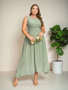 Elegant Green Flowy A-Line Chiffon Dress with Sleeveless Round Neck and Gathered Waist for Sophisticated Spring and Summer Looks - Chic, Classy and Trendy Fashion Style to Dress to Impress
