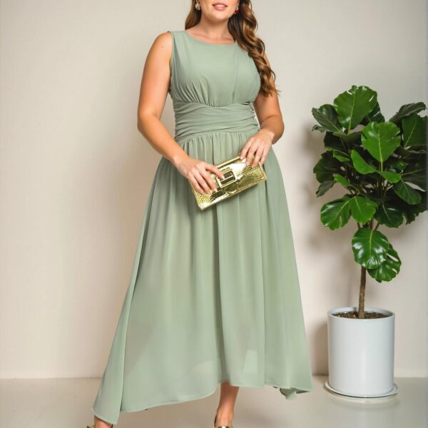 Elegant Green Flowy A-Line Chiffon Dress with Sleeveless Round Neck and Gathered Waist for Sophisticated Spring and Summer Looks - Chic, Classy and Trendy Fashion Style to Dress to Impress