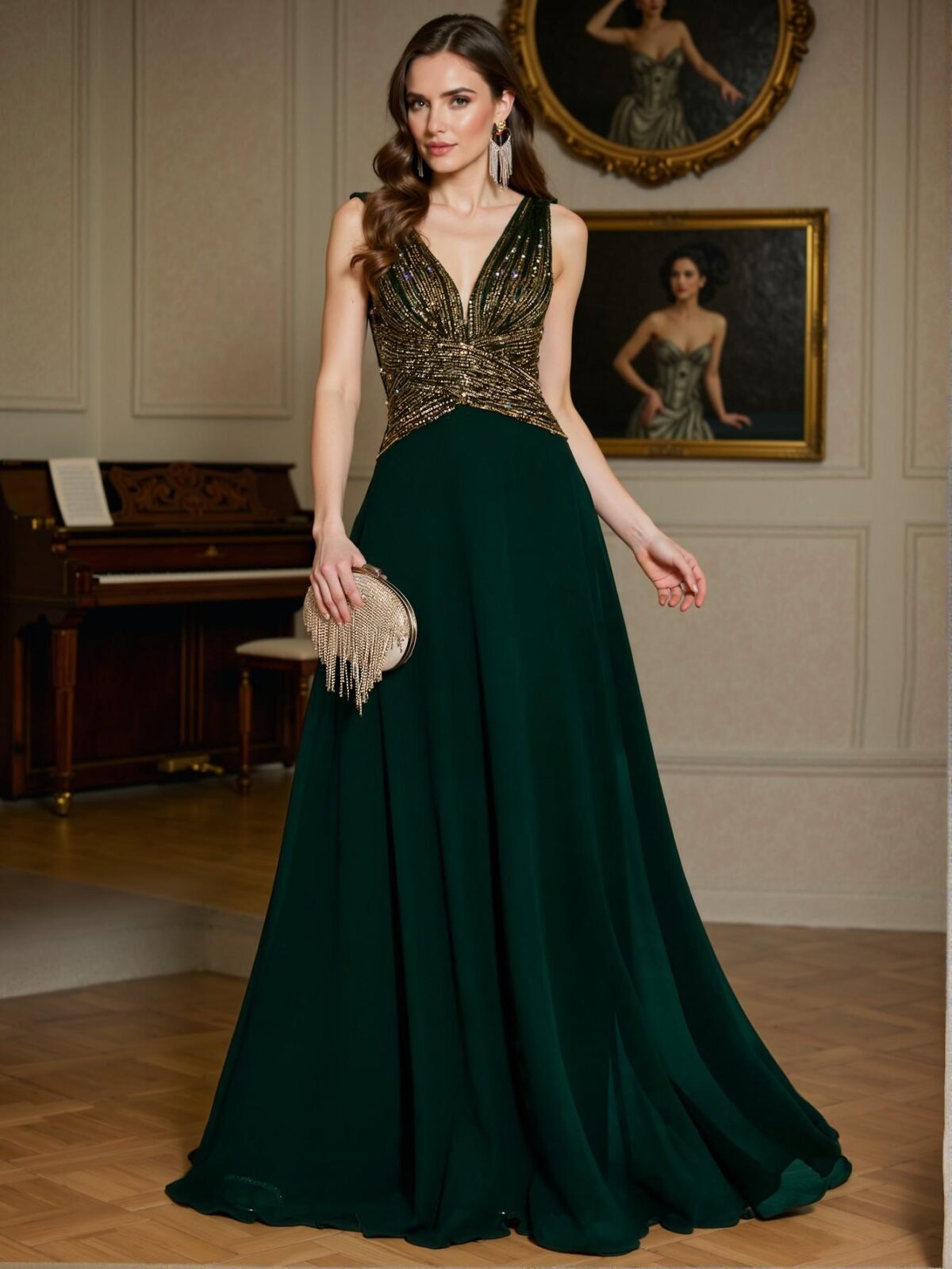 Elegant Dark Green Sequin Chiffon A-Line Women's V-Neck Maxi Dress with High Waist Gathered Design for Party, Wedding, Formal Events, Evening Gatherings, Birthday Celebrations, and Graduation. Perfect for party, prom, graduation day, and ceremony for university, college, and high school, Formal Evening Dinner Cocktail, Wedding Guest Gown, Chic, Classy and Trendy Fashion Style to Dress to Impress. - Image 4
