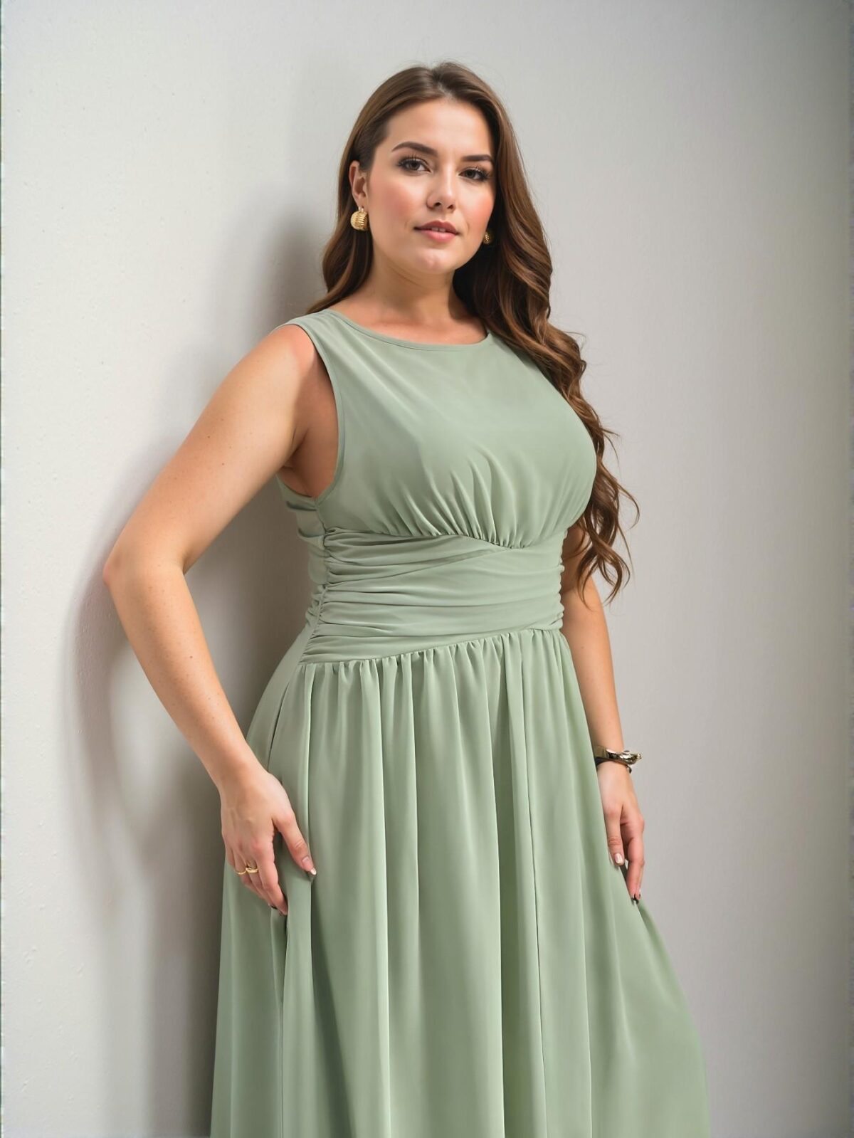 Elegant Green Flowy A-Line Chiffon Dress with Sleeveless Round Neck and Gathered Waist for Sophisticated Spring and Summer Looks - Chic, Classy and Trendy Fashion Style to Dress to Impress - Image 3
