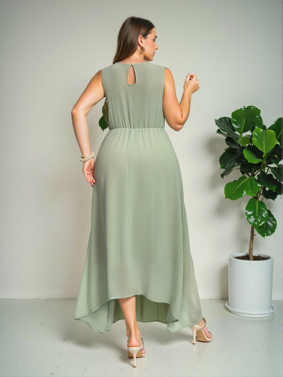 Elegant Green Flowy A-Line Chiffon Dress with Sleeveless Round Neck and Gathered Waist for Sophisticated Spring and Summer Looks - Chic, Classy and Trendy Fashion Style to Dress to Impress - Image 4