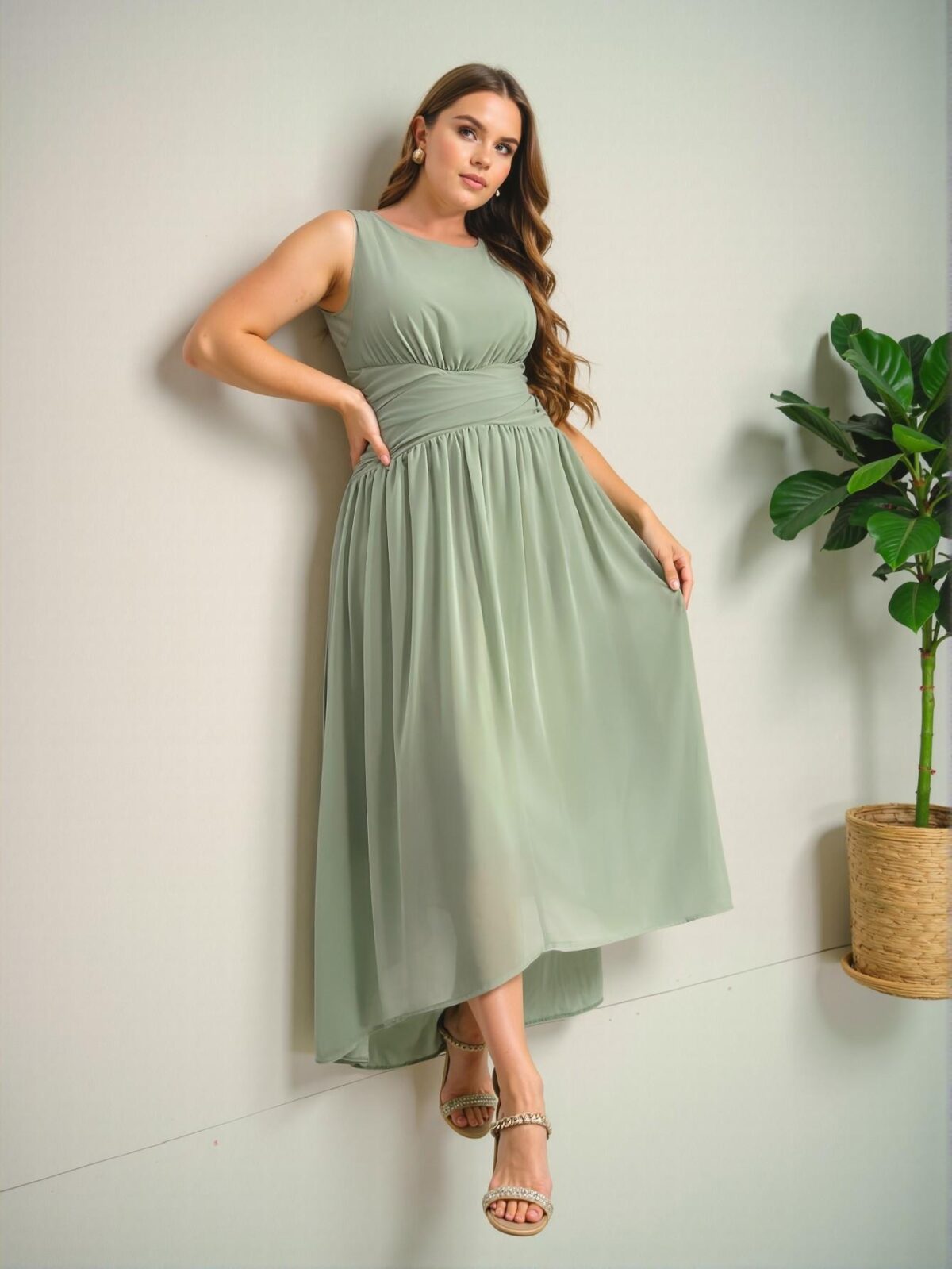 Elegant Green Flowy A-Line Chiffon Dress with Sleeveless Round Neck and Gathered Waist for Sophisticated Spring and Summer Looks - Chic, Classy and Trendy Fashion Style to Dress to Impress - Image 5