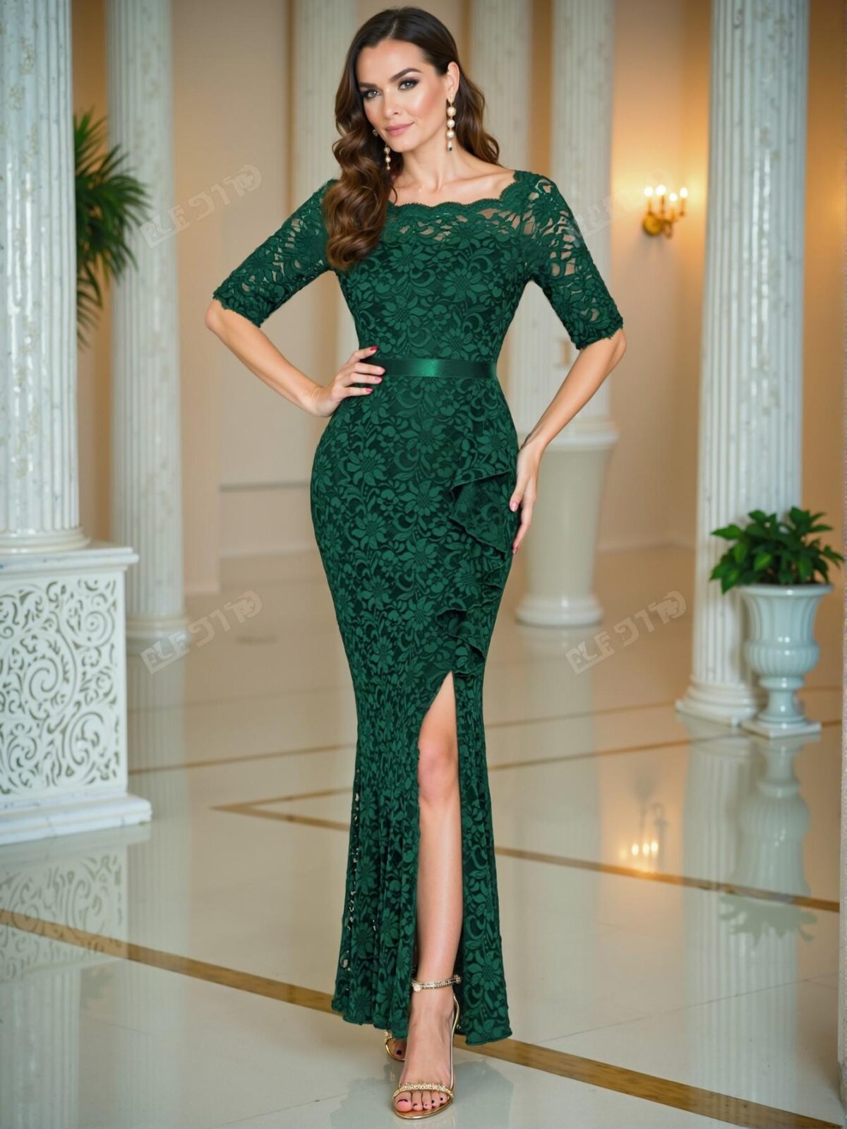 Elegant Dark Green Lace Boat Neck Ruffle Trim Split Thigh Evening Dress, Sophisticated Semi Formal Attire for Celebrations and Gatherings, Perfect for party, prom, graduation day, and ceremony for university, college, and high school, Formal Evening Dinner Cocktail, Wedding Guest Gown, Chic, Classy and Trendy Fashion Style to Dress to Impress. - Image 5