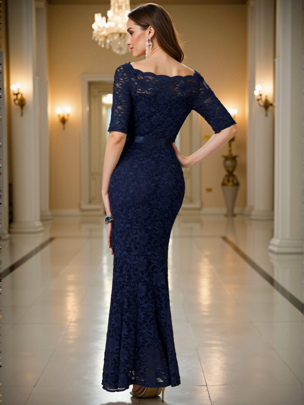 Elegant Navy Blue Stunning Full Lace Ruffle Trim Boat Neck Evening Dress with Split Thigh for Parties, Proms, Weddings, and Other Special Occasions. Perfect for party, prom, graduation day, and ceremony for university, college, and high school, Formal Evening Dinner Cocktail, Wedding Guest Gown, Chic, Classy and Trendy Fashion Style to Dress to Impress. - Image 2