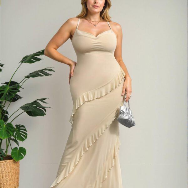 Elegant Apricot Sophisticated Bodycon Draped Neck Cami Dress with Ruffle Details for Romantic Outings and Casual Events - Chic, Classy and Trendy Fashion Style to Dress to Impress