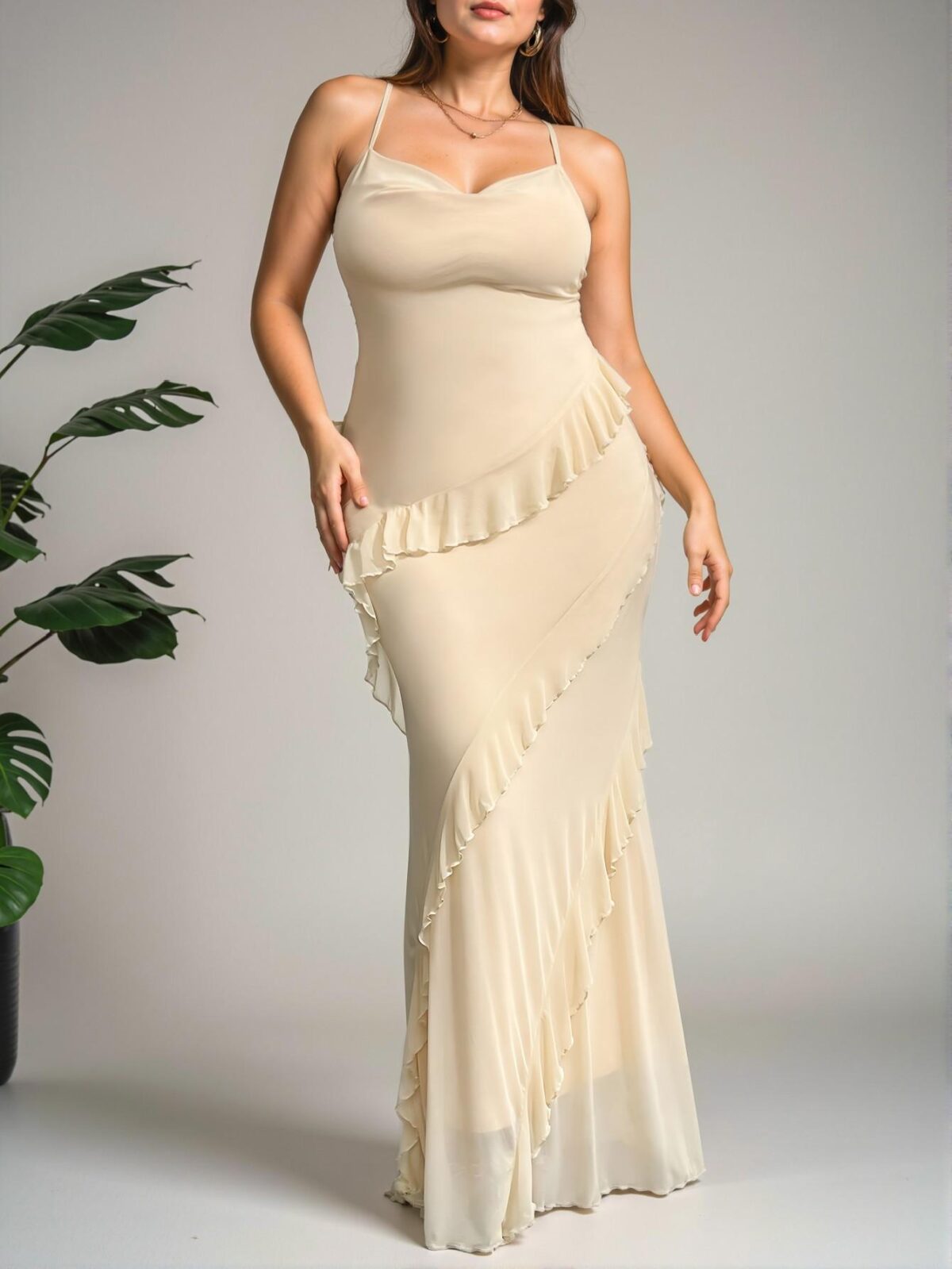 Elegant Apricot Sophisticated Bodycon Draped Neck Cami Dress with Ruffle Details for Romantic Outings and Casual Events - Chic, Classy and Trendy Fashion Style to Dress to Impress - Image 3