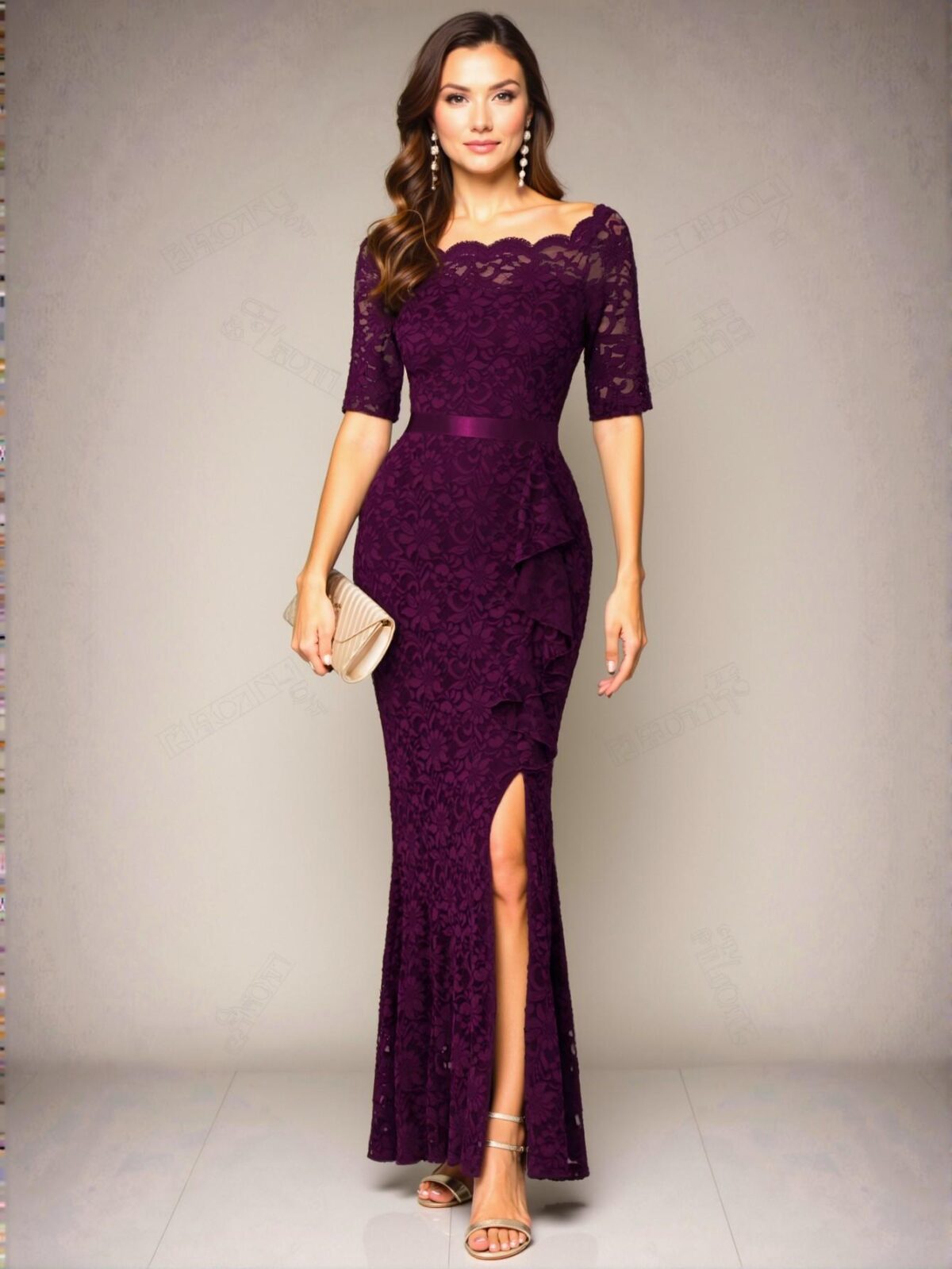 Elegant Maroon Ruffle Trim Split Thigh Evening Dress with Boat Neck Design for Prom and Semi-Formal Events, Ideal for Birthdays, Graduations, and Homecoming Celebrations. Perfect for party, prom, graduation day, and ceremony for university, college, and high school, Formal Evening Dinner Cocktail, Wedding Guest Gown, Chic, Classy and Trendy Fashion Style to Dress to Impress.