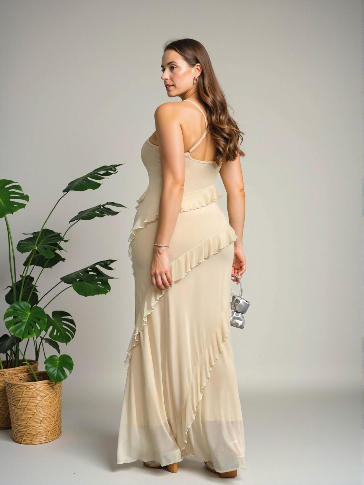Elegant Apricot Sophisticated Bodycon Draped Neck Cami Dress with Ruffle Details for Romantic Outings and Casual Events - Chic, Classy and Trendy Fashion Style to Dress to Impress - Image 4