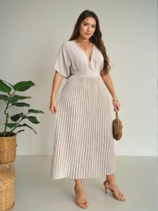 Elegant Apricot Chic V-Neck Pleated Midi Dress for Comfortable Casual Office and Vacation Wear "Chic, Classy and Trendy Fashion Style to Dress to Impress"