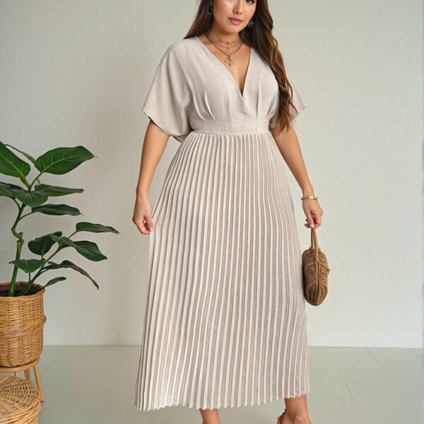 Elegant Apricot Chic V-Neck Pleated Midi Dress for Comfortable Casual Office and Vacation Wear "Chic, Classy and Trendy Fashion Style to Dress to Impress"