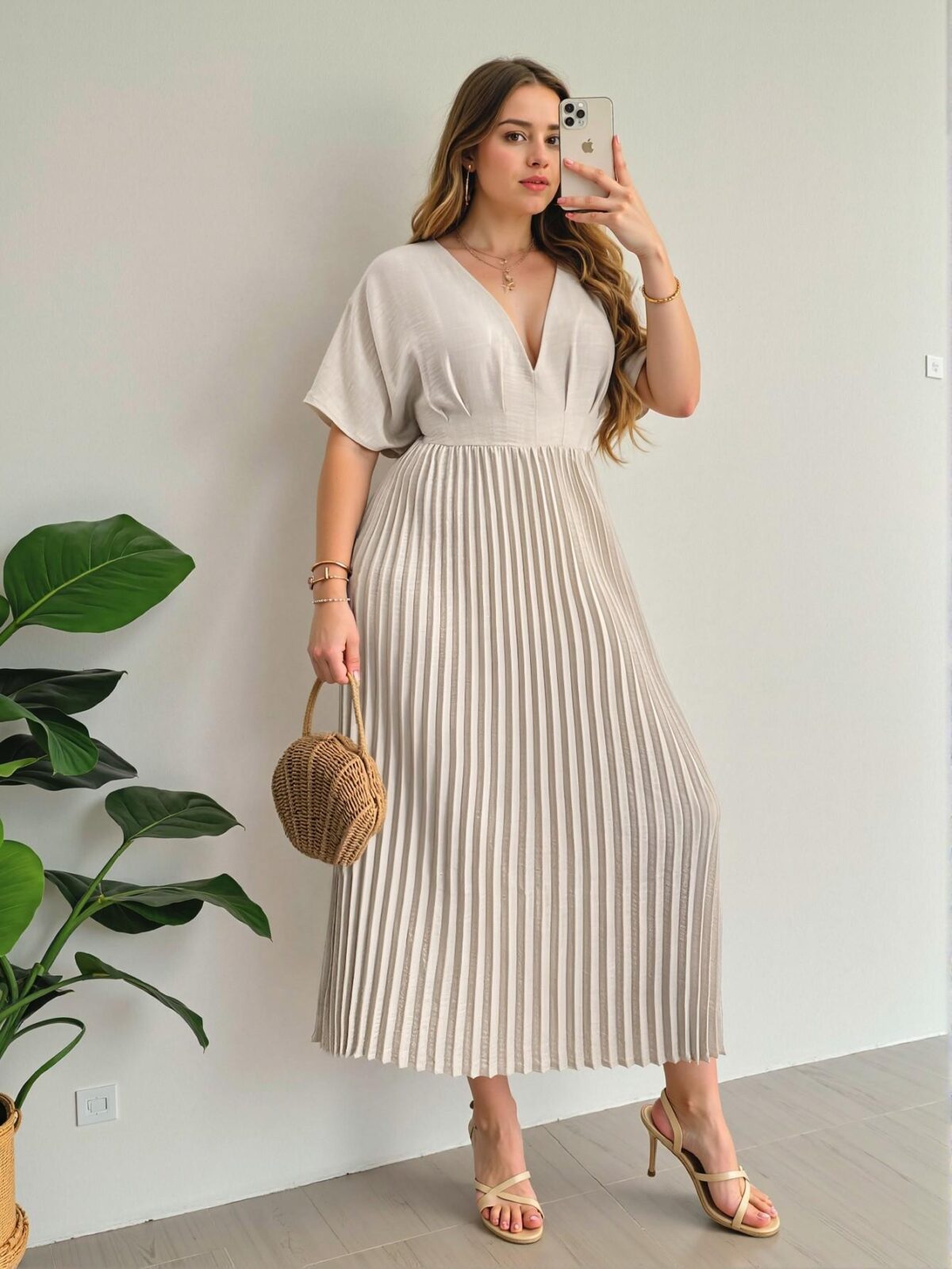 Elegant Apricot Chic V-Neck Pleated Midi Dress for Comfortable Casual Office and Vacation Wear "Chic, Classy and Trendy Fashion Style to Dress to Impress" - Image 2