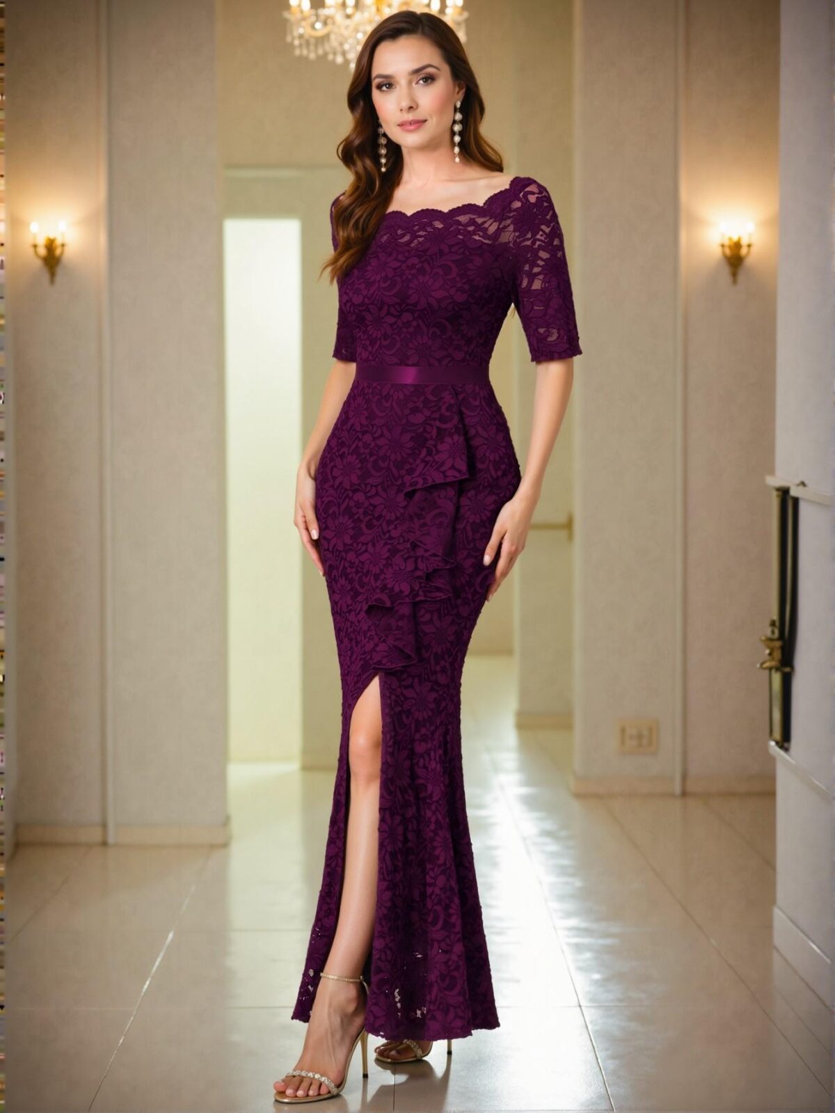 Elegant Maroon Ruffle Trim Split Thigh Evening Dress with Boat Neck Design for Prom and Semi-Formal Events, Ideal for Birthdays, Graduations, and Homecoming Celebrations. Perfect for party, prom, graduation day, and ceremony for university, college, and high school, Formal Evening Dinner Cocktail, Wedding Guest Gown, Chic, Classy and Trendy Fashion Style to Dress to Impress. - Image 5