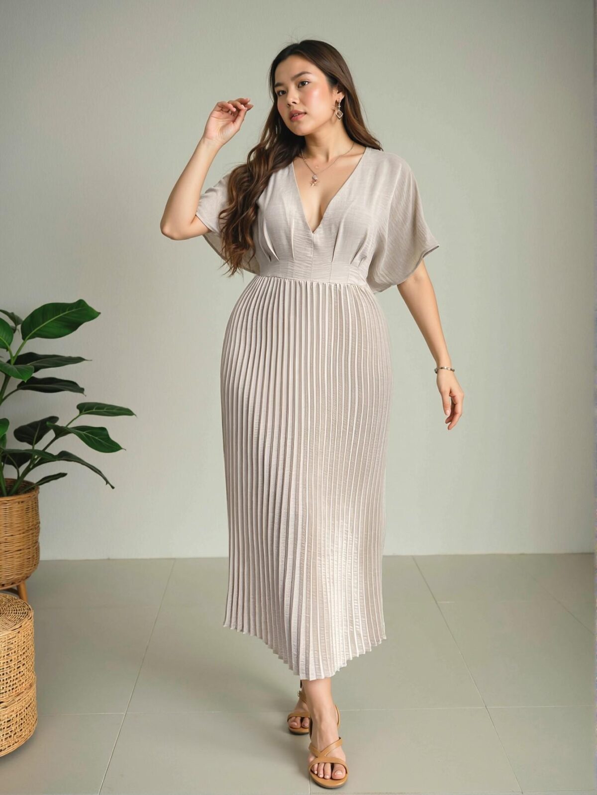 Elegant Apricot Chic V-Neck Pleated Midi Dress for Comfortable Casual Office and Vacation Wear "Chic, Classy and Trendy Fashion Style to Dress to Impress" - Image 4