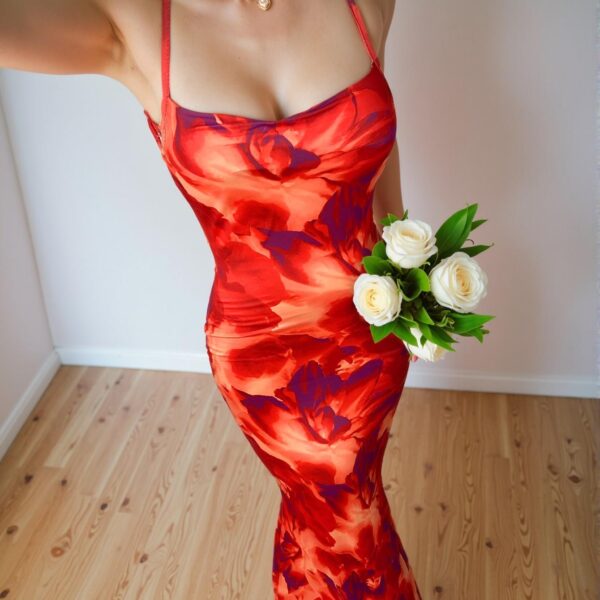 Elegant Orange Floral Print Backless Halter Dress for Summertime Getaways, Chic, Classy and Trendy Fashion Style to Dress to Impress