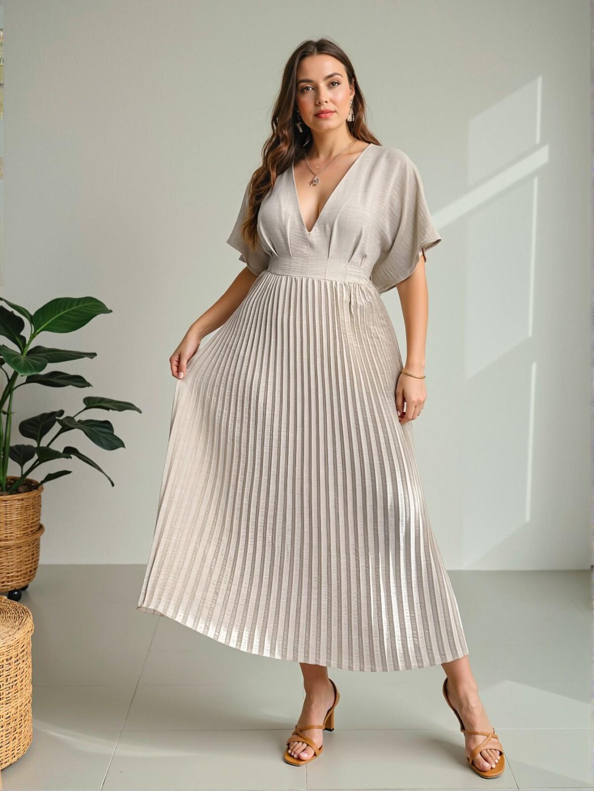 Elegant Apricot Chic V-Neck Pleated Midi Dress for Comfortable Casual Office and Vacation Wear "Chic, Classy and Trendy Fashion Style to Dress to Impress" - Image 5