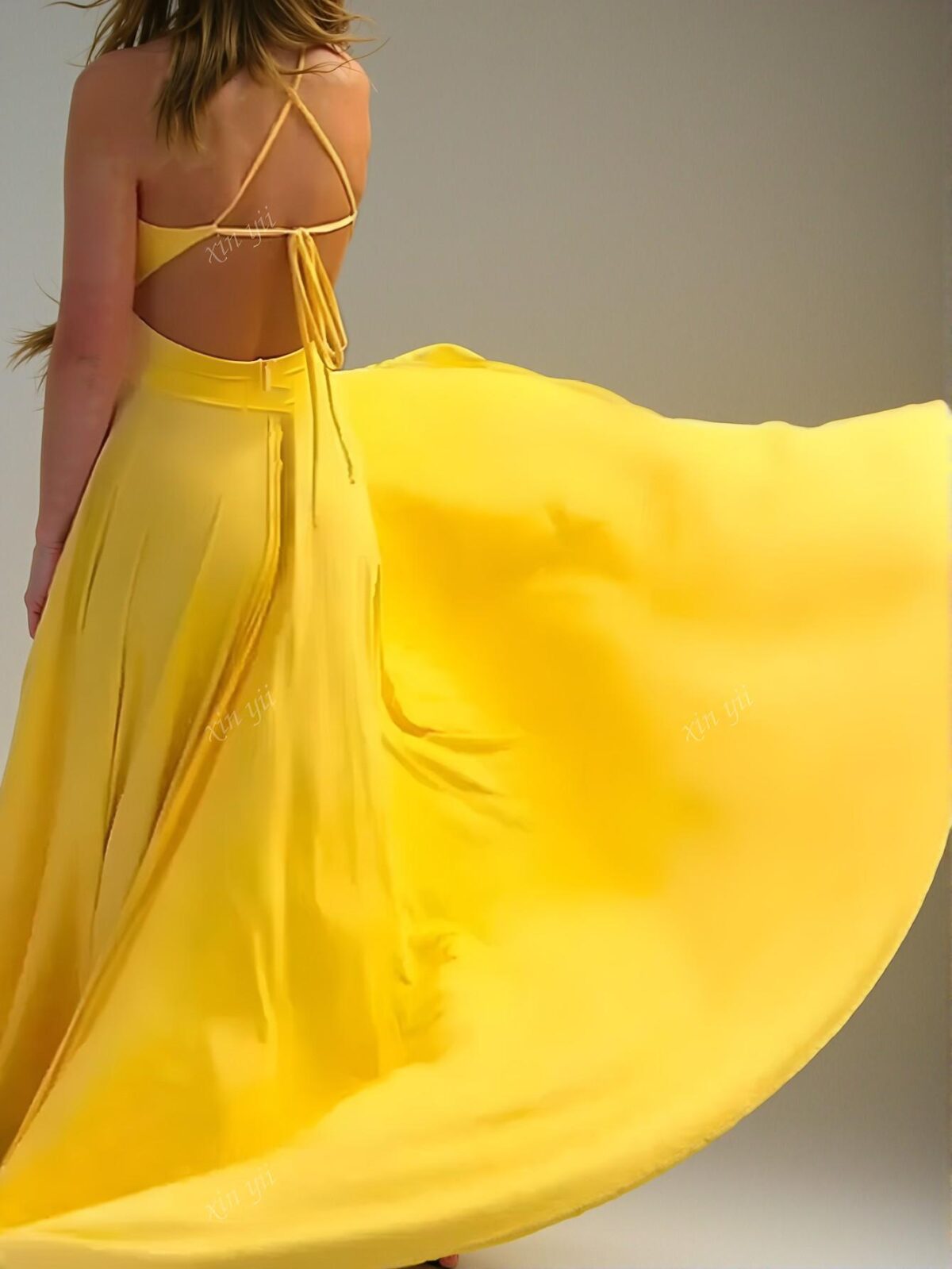Elegant Yellow Chic Spaghetti Strap High Slit A-Line Dress, Minimalist and Stylish for Daily Outings, Parties, and Weddings. Perfect for party, prom, graduation day, and ceremony for university, college, and high school, Formal Evening Dinner Cocktail, Wedding Guest Gown, Chic, Classy and Trendy Fashion Style to Dress to Impress. - Image 2