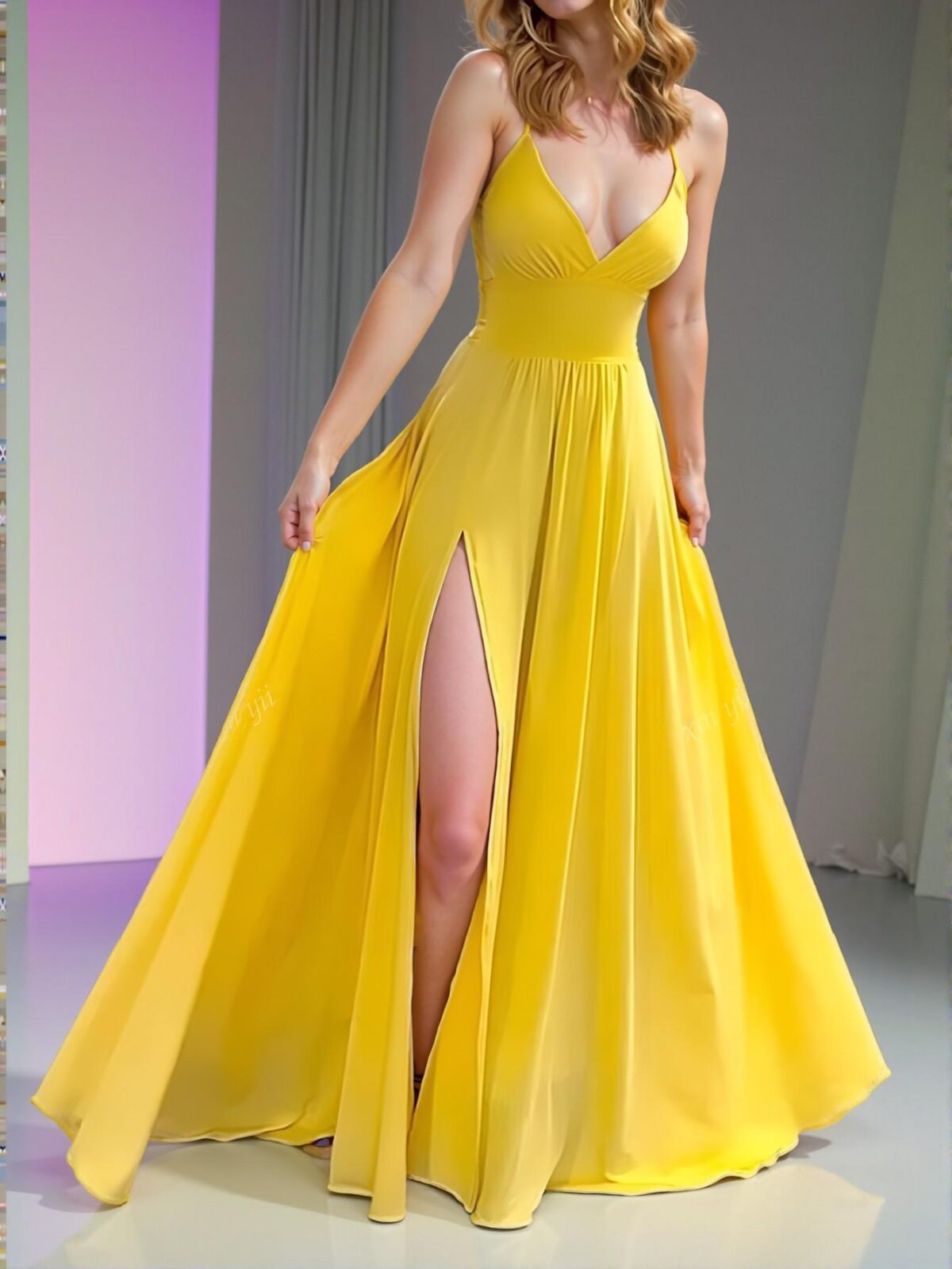 Elegant Yellow Chic Spaghetti Strap High Slit A-Line Dress, Minimalist and Stylish for Daily Outings, Parties, and Weddings. Perfect for party, prom, graduation day, and ceremony for university, college, and high school, Formal Evening Dinner Cocktail, Wedding Guest Gown, Chic, Classy and Trendy Fashion Style to Dress to Impress. - Image 3