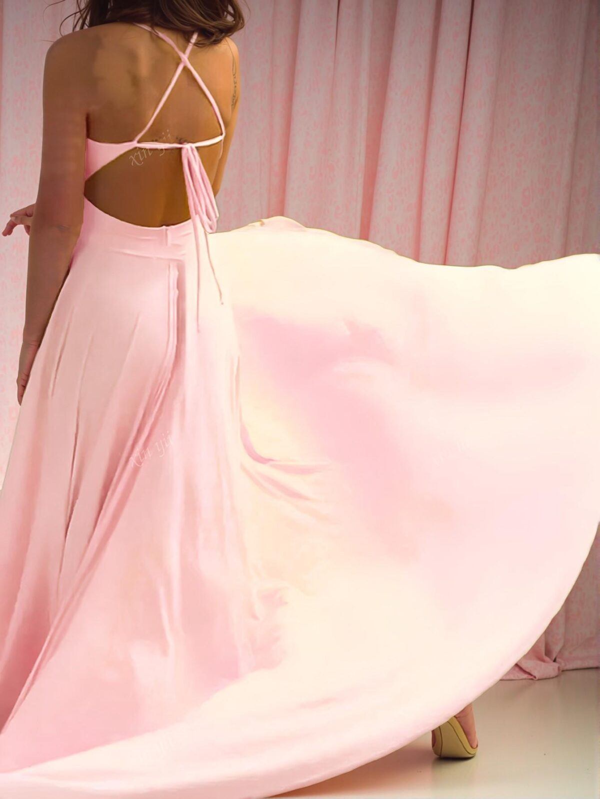 Elegant Pink Chic V-Neck Side Slit Hem Evening Dress, Stylish Party Gown for Wedding Guests, Perfect for party, prom, graduation day, and ceremony for university, college, and high school, Formal Evening Dinner Cocktail, Wedding Guest Gown, Chic, Classy and Trendy Fashion Style to Dress to Impress. - Image 2
