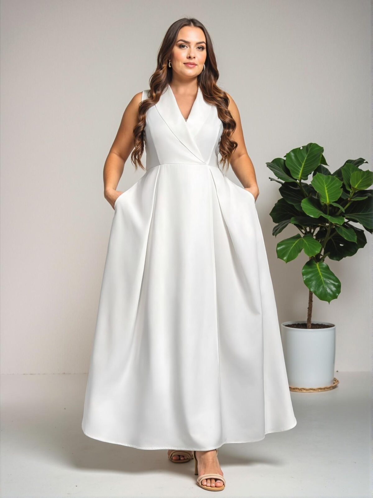 Elegant White A-Line V-Neck Sleeveless Satin Plus Size Long Dress with Pockets, Perfect for Spring and Summer "Chic, Classy and Trendy Fashion Style to Dress to Impress"