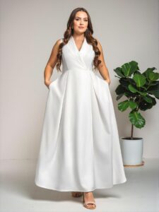 Elegant White A-Line V-Neck Sleeveless Satin Plus Size Long Dress with Pockets, Perfect for Spring and Summer "Chic, Classy and Trendy Fashion Style to Dress to Impress"