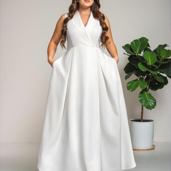 Elegant White A-Line V-Neck Sleeveless Satin Plus Size Long Dress with Pockets, Perfect for Spring and Summer "Chic, Classy and Trendy Fashion Style to Dress to Impress"