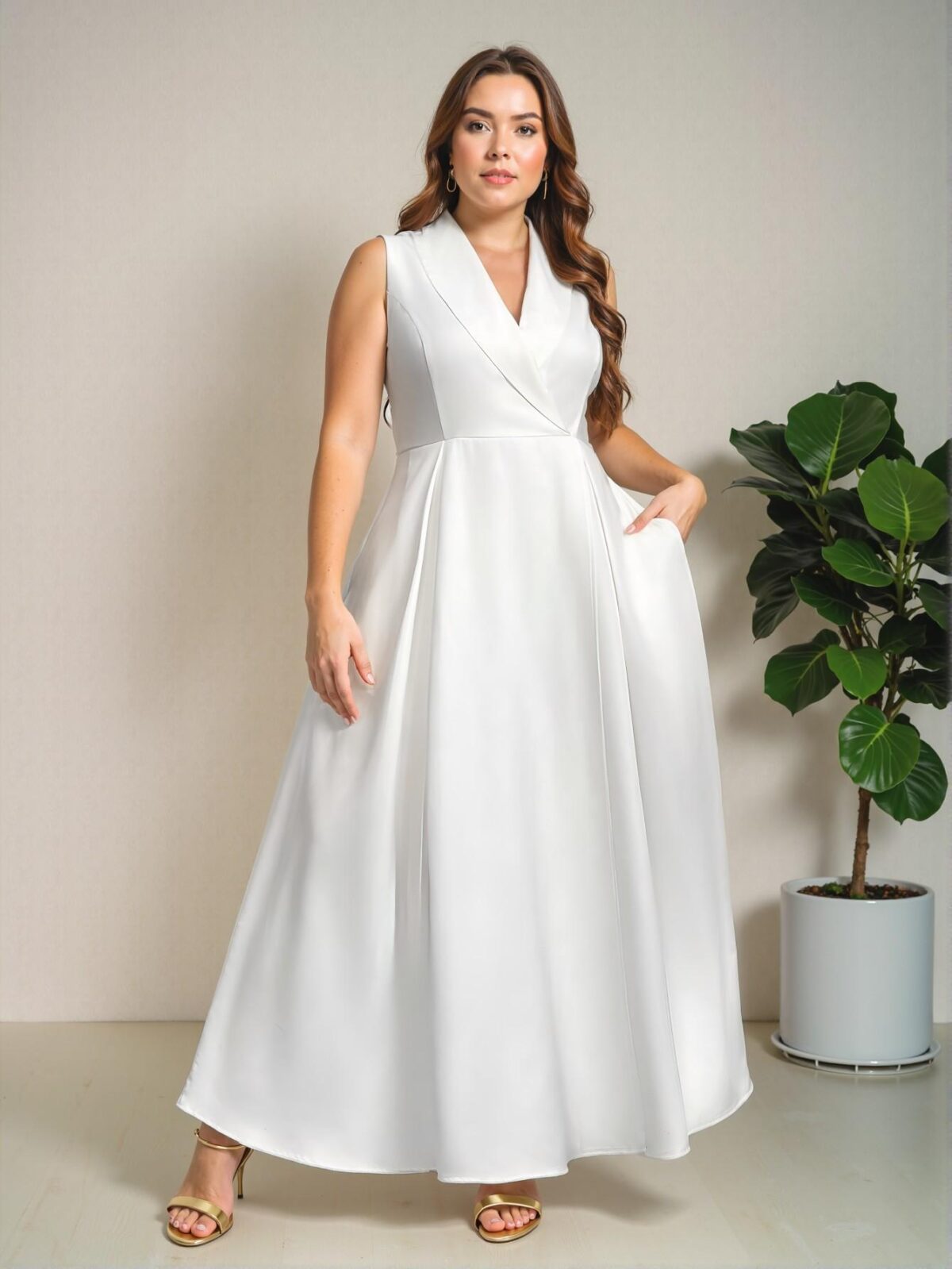 Elegant White A-Line V-Neck Sleeveless Satin Plus Size Long Dress with Pockets, Perfect for Spring and Summer "Chic, Classy and Trendy Fashion Style to Dress to Impress" - Image 2