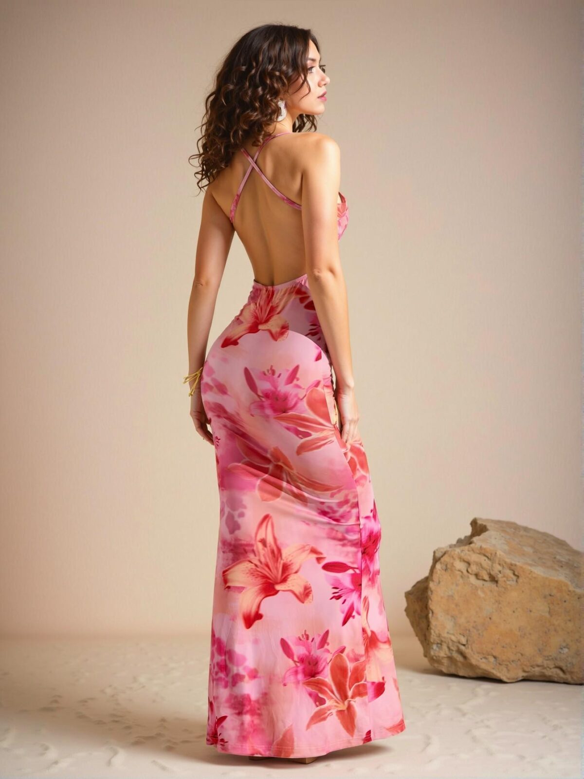 Elegant White Backless Floral Print Maxi Dress with Deep Draped Neck for Spring and Summer - Chic, Classy and Trendy Fashion Style to Dress to Impress - Image 2