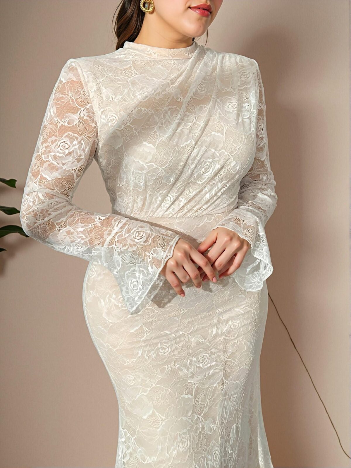 Elegant White Refined Romantic Lace See-Through Pleated Flare Sleeve High Waist Fish Tail Stretch Dress Ideal for Weddings, Parties, and Vacations "Chic, Classy and Trendy Fashion Style to Dress to Impress"