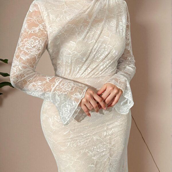 Elegant White Refined Romantic Lace See-Through Pleated Flare Sleeve High Waist Fish Tail Stretch Dress Ideal for Weddings, Parties, and Vacations "Chic, Classy and Trendy Fashion Style to Dress to Impress"