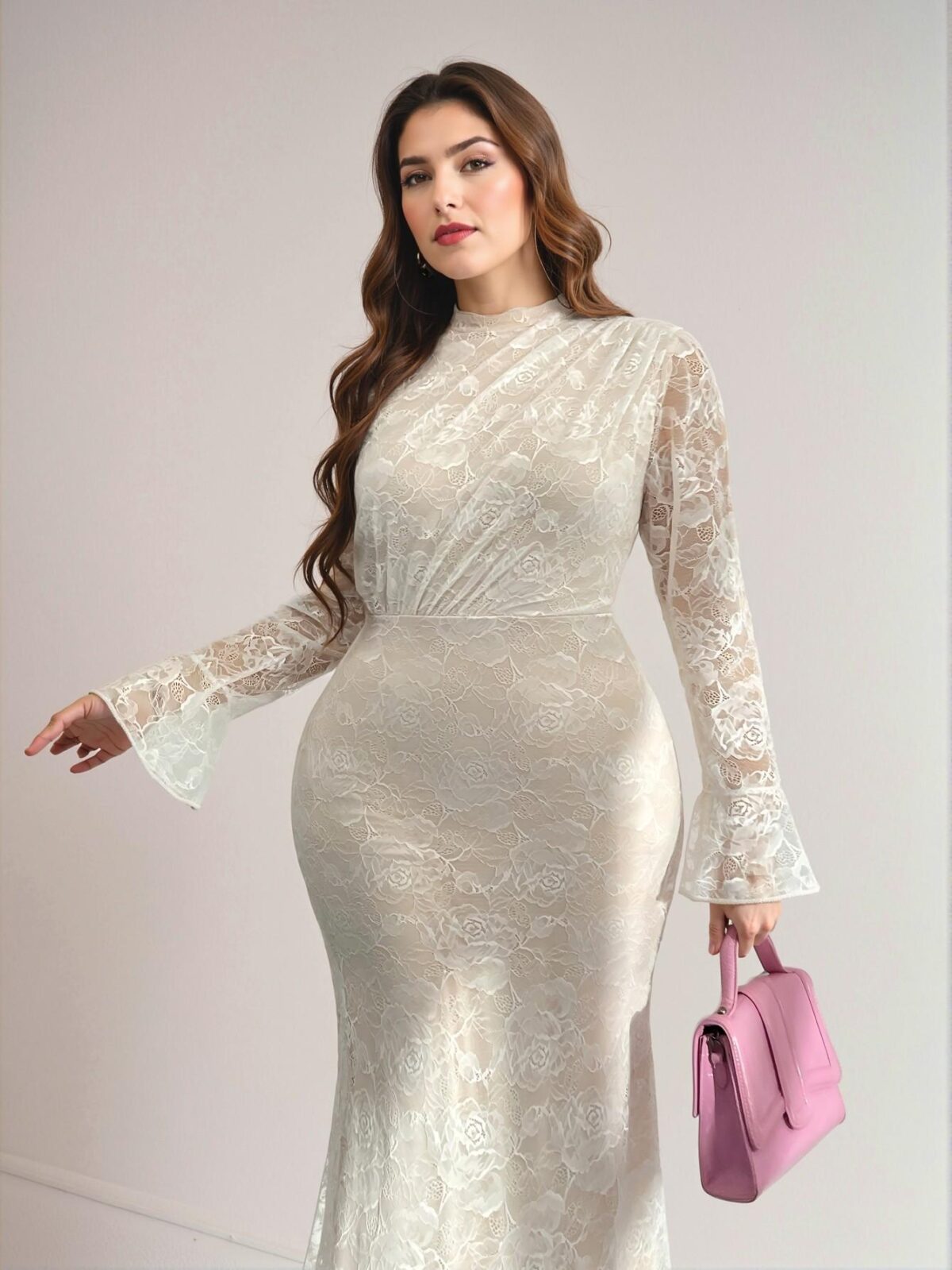 Elegant White Refined Romantic Lace See-Through Pleated Flare Sleeve High Waist Fish Tail Stretch Dress Ideal for Weddings, Parties, and Vacations "Chic, Classy and Trendy Fashion Style to Dress to Impress" - Image 5