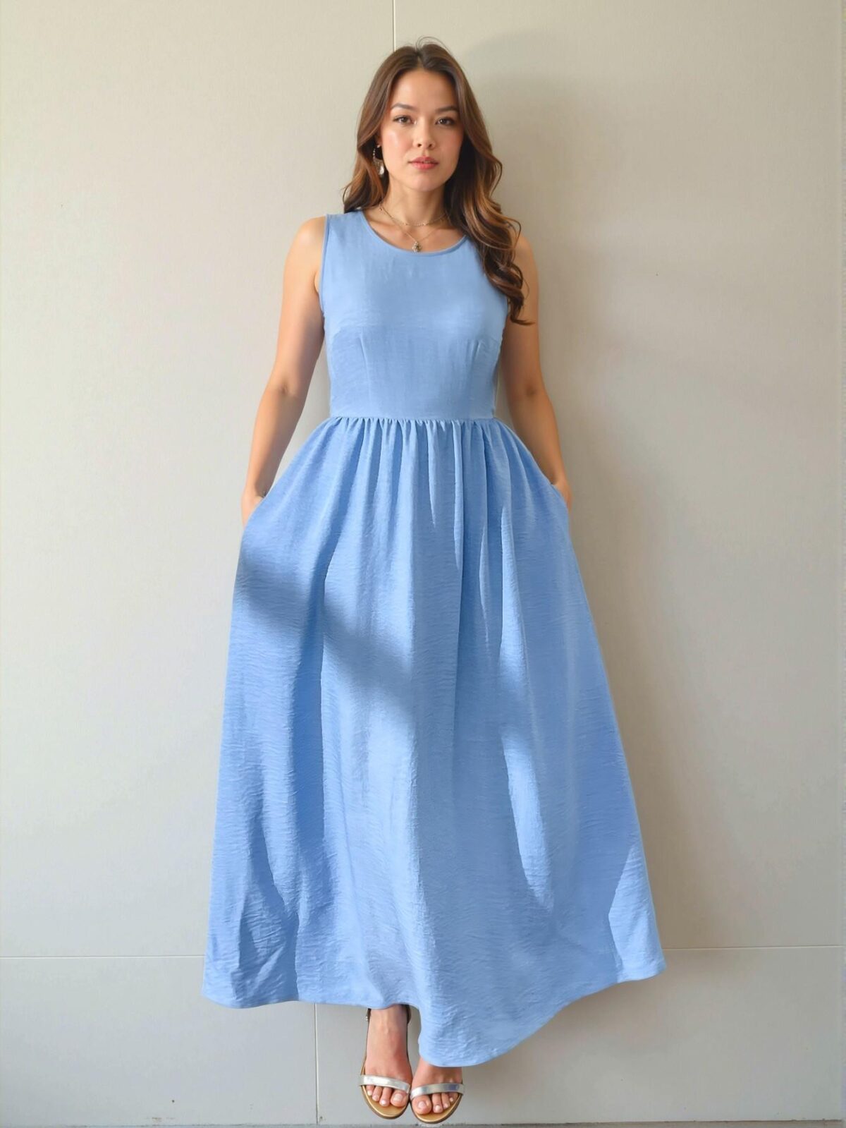 Elegant Navy Blue Flowy A-Line Maxi Dress, Cinched Waist with Pockets for Beach Vacations, Romantic Dates, and Special Occasions "Chic, Classy and Trendy Fashion Style to Dress to Impress"